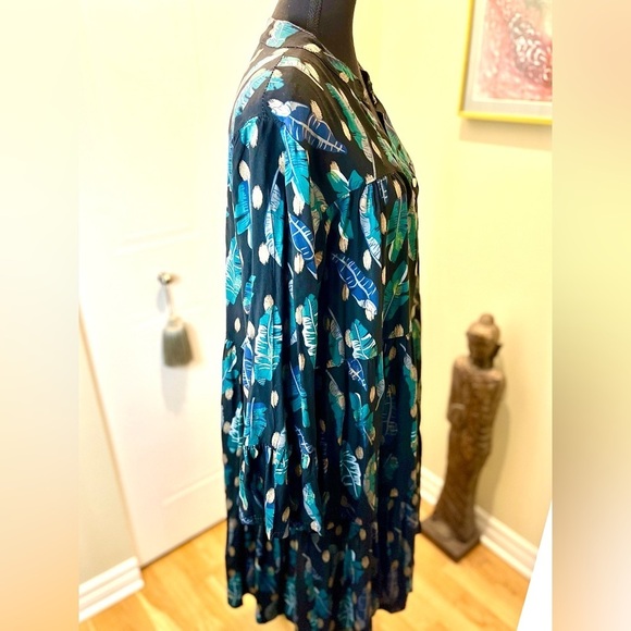 Italian linen black gold glitter leaf pattern tiered dress w/motherpearl buttons - Picture 9 of 13